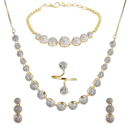 Aza Jewellery Set for Women American Diamond Combo of Choker Necklace Set with Earrings, Bracelet and Ring for Girls and Women